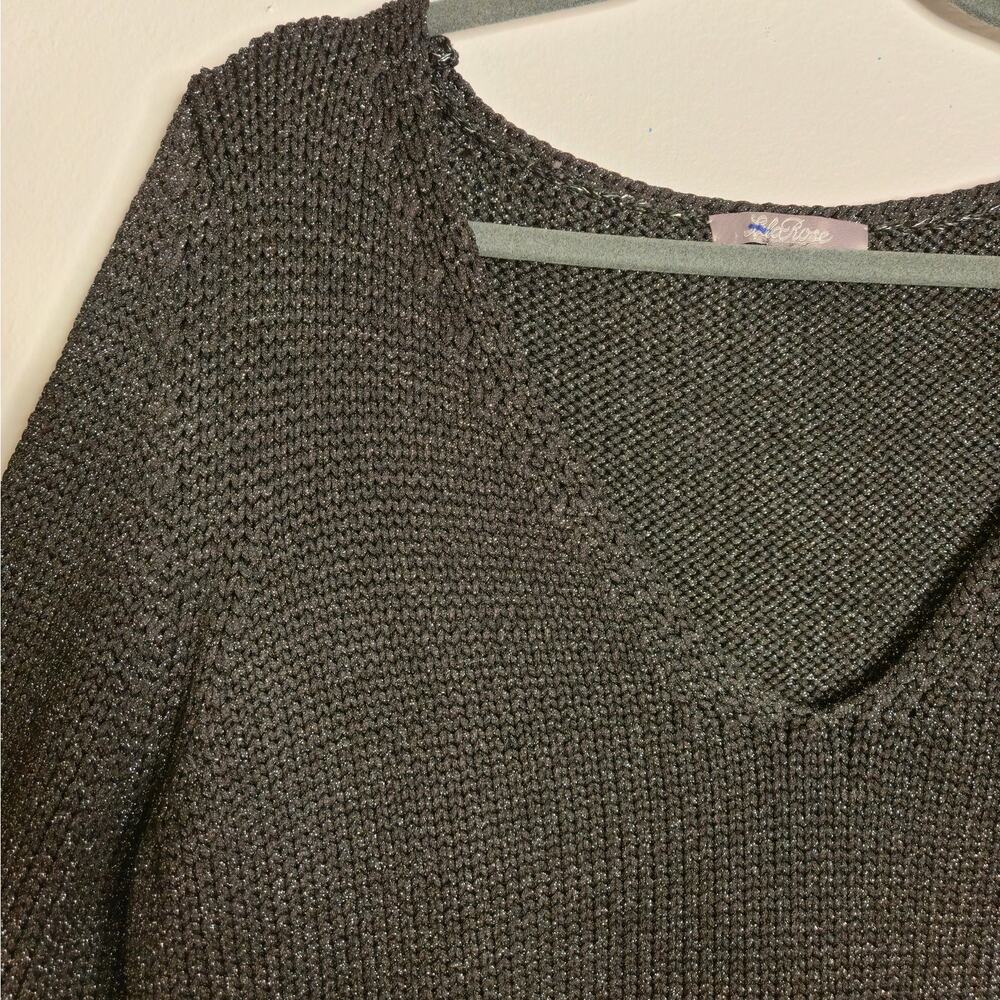 Elevated Basic Chic Metallic Black V-Neck Pullover Sweater Size XL Lela Rose